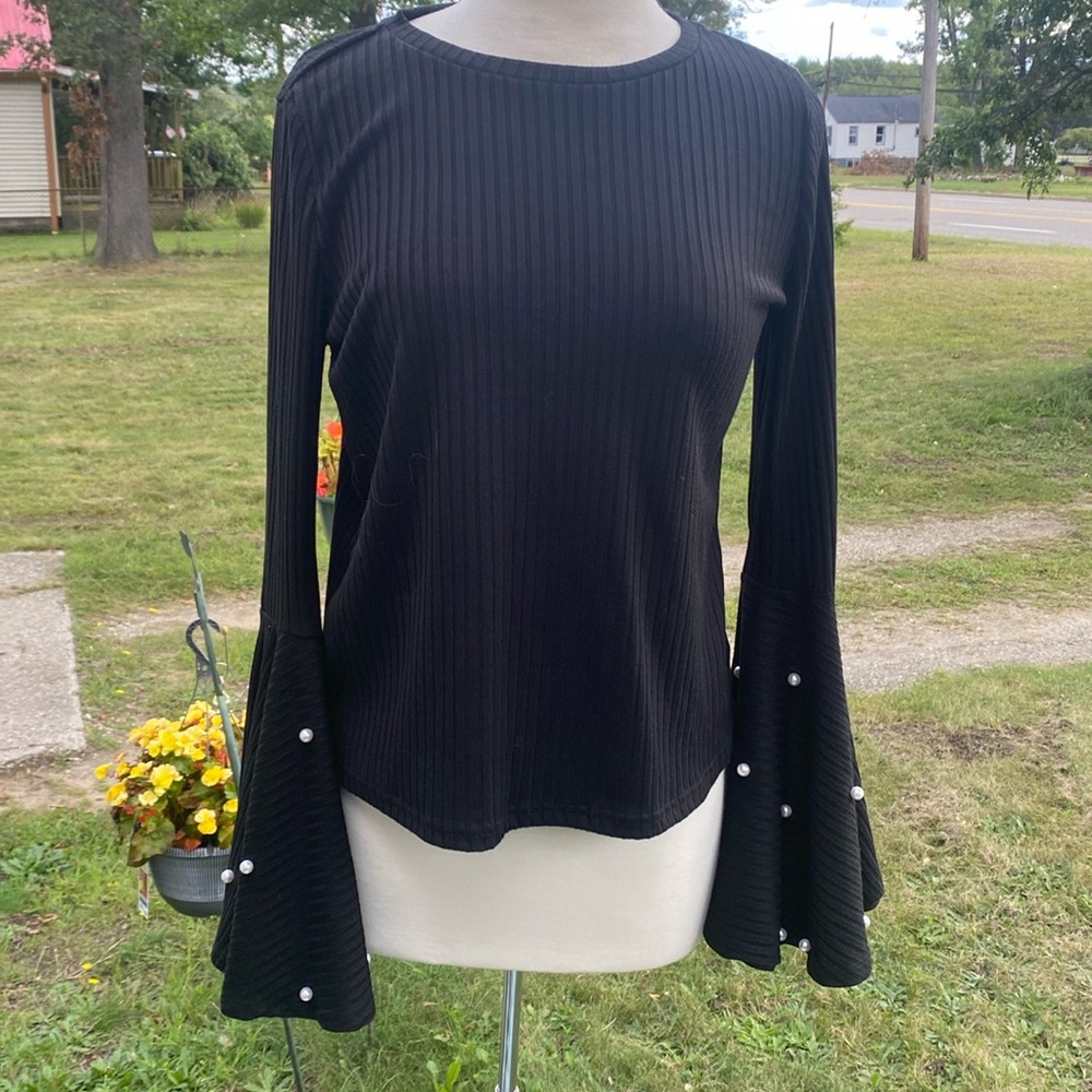 Black bell sleeve embellished top